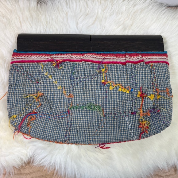 Women's Free People Quilt Embroidered Wood Handle Boho Clutch - Picture 8 of 15